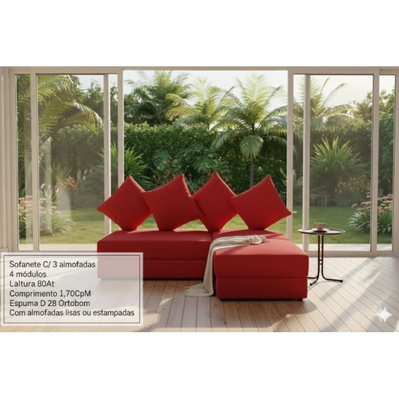 Sofá-Nete vermelho com 4 módulos e 3 almofadas em frente a uma janela com vista para jardim