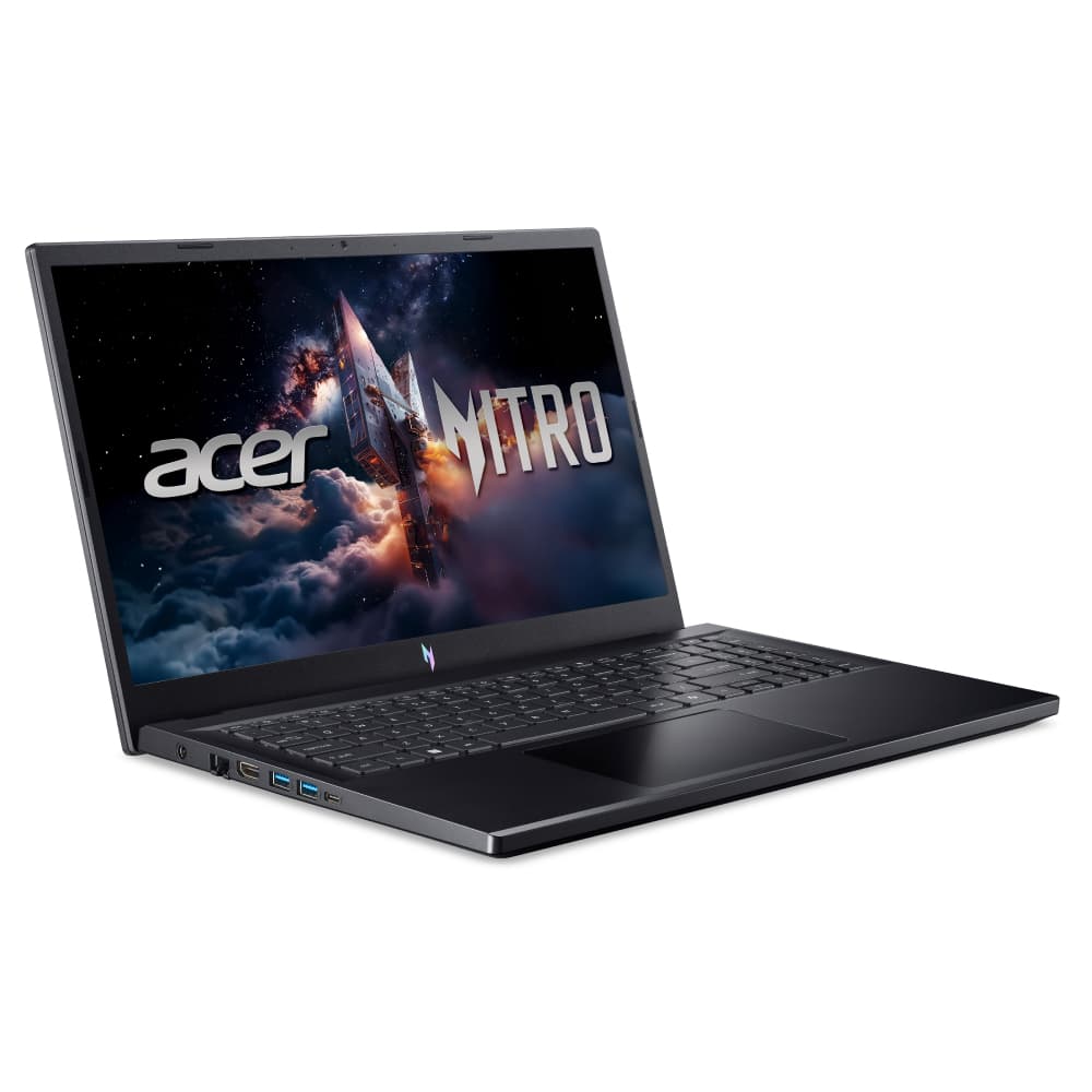Notebook gamer Acer Nitro V15 aberto com teclado exposto e tela mostrando a marca Acer Nitro
