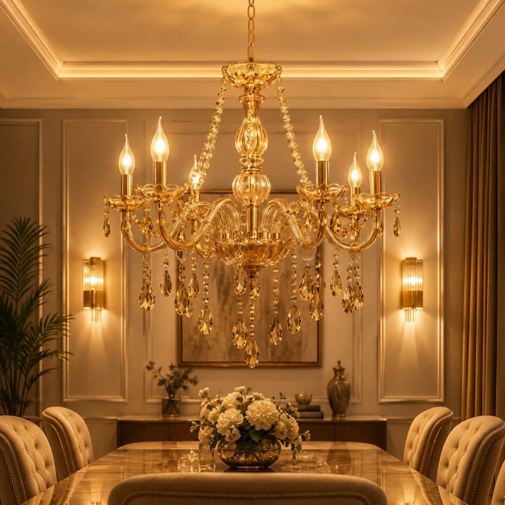 Luminária de cristal ambar com seis braços em um ambiente de jantar elegante