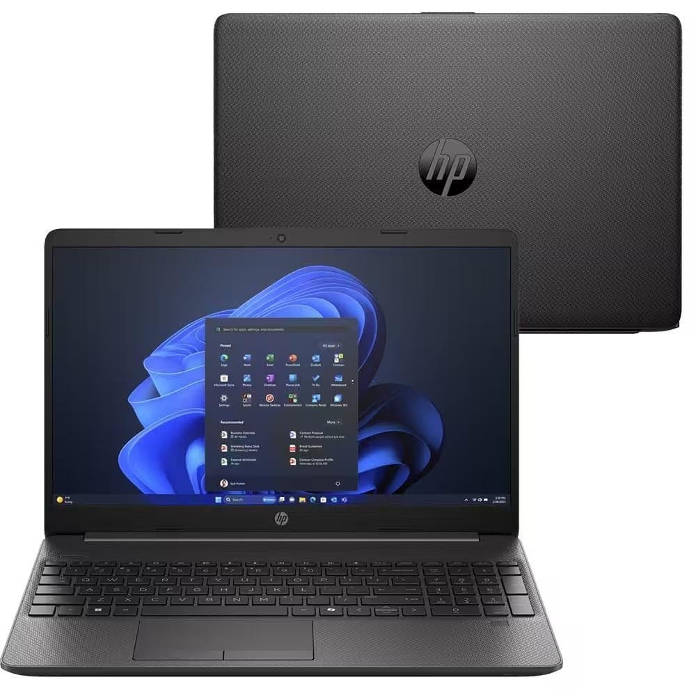 Notebook HP HPCM 250 G9 com tela aberta, mostrando Windows 11, teclado e trackpad visíveis, fundo branco, cor predominante preto, logotipo HP no topo.