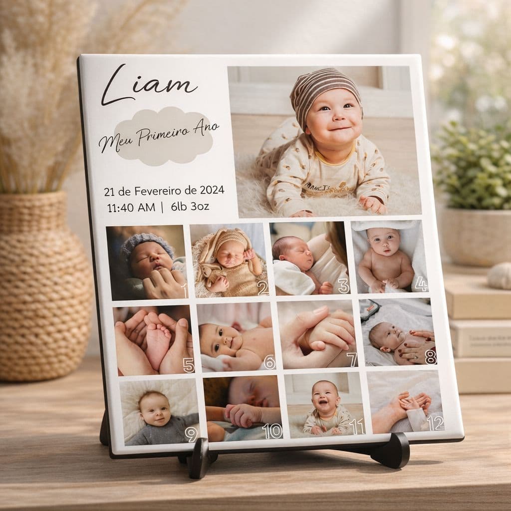 Mural de foto personalizada para bebê Liam com 12 fotos, datas e pesos. Suporte vertical branco e bordas pretas.