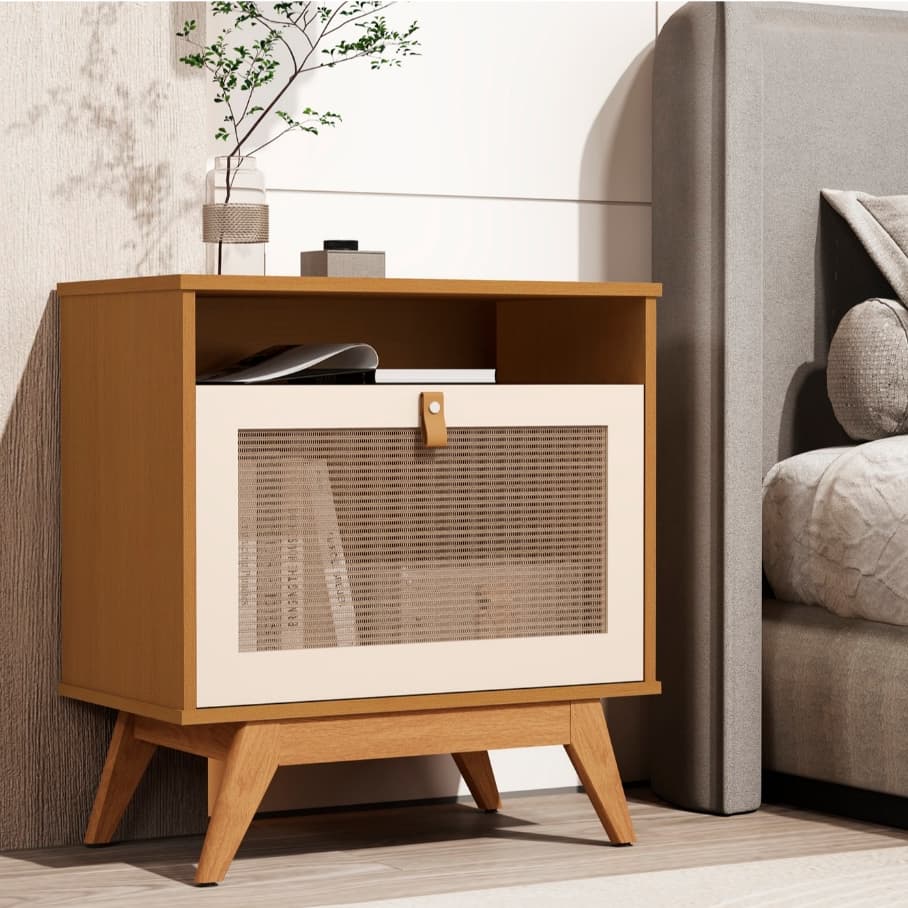 Mesa de Cabeceira / Mini Cômoda com Porta em Rattan e Pés em Madeira Maciça