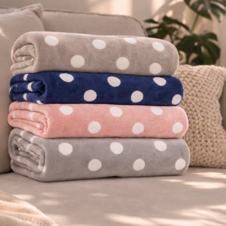 Mantas de microfibra fleece grosso cobertor macio com padrão de bolinhas brancas, cores bege, azul marinho, rosa e cinza.
