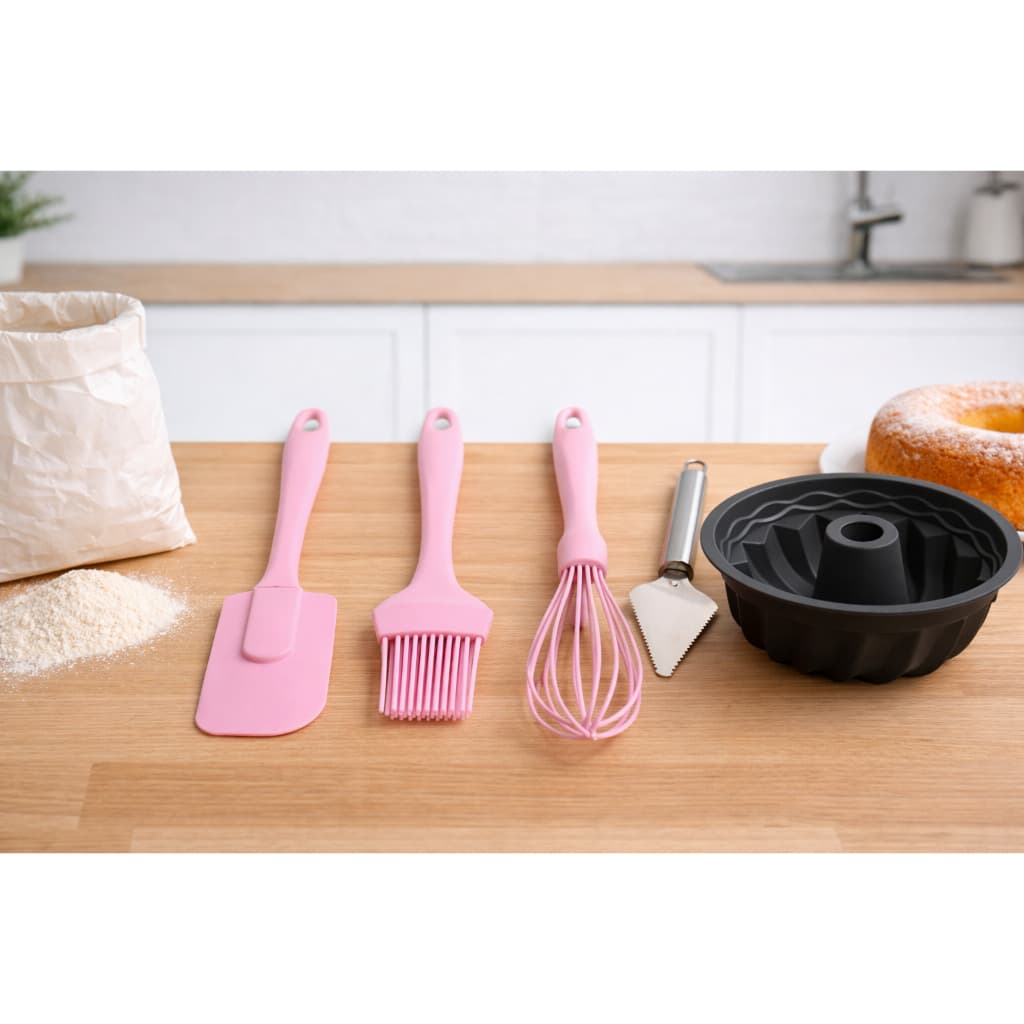 Kit de confeitaria com espátula, pincel fouet, batedor de claras e forma de bolo rosa e preta