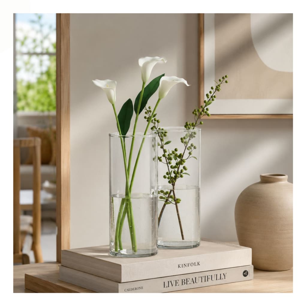 Kit 2 vasos de vidro transparente cilíndricos 22x9cm para decoração com arranjo de flores brancas e verdes