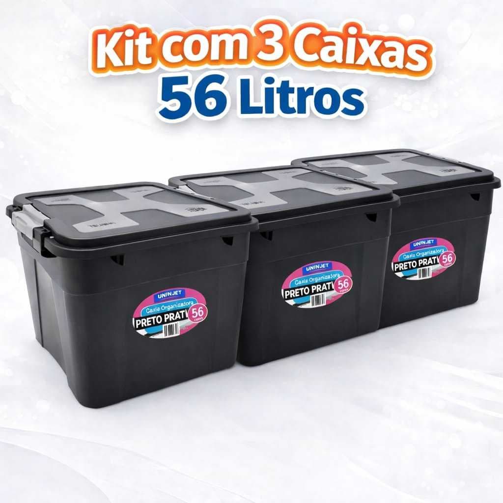 Kit com 3 caixas organizadoras pretas de 56 litros com tampas seguras