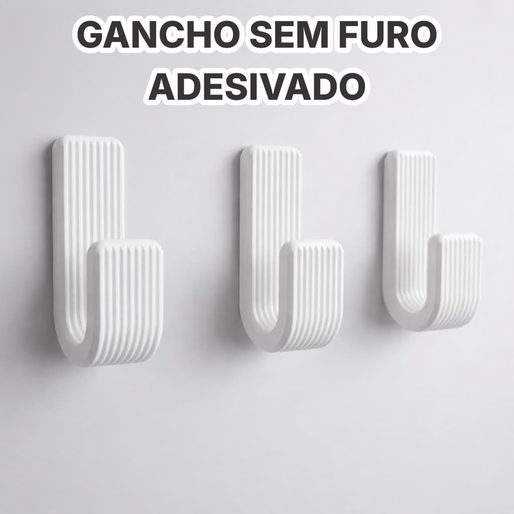 Ganchos adesivos brancos sem furo para parede, ideais para toalhas de banheiro e cozinha.