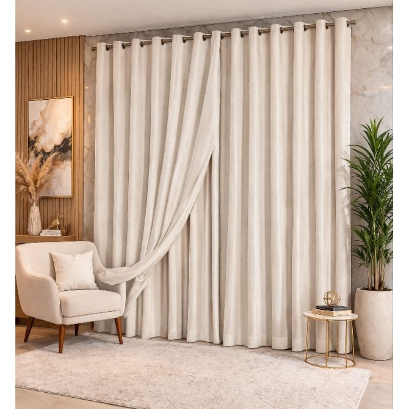 Cortina de luxo voil Gaze de linho forro Blackout bege, pendurada em varão, ambiente elegante