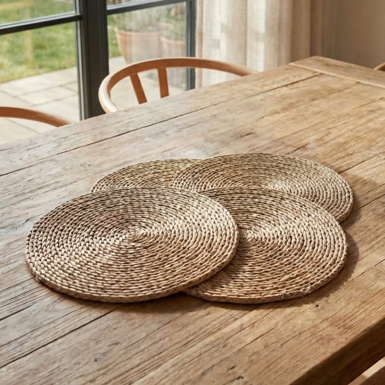 Kit 4 lugares americanos redondos em fibra natural de rattan 38cm estilo boho rústico