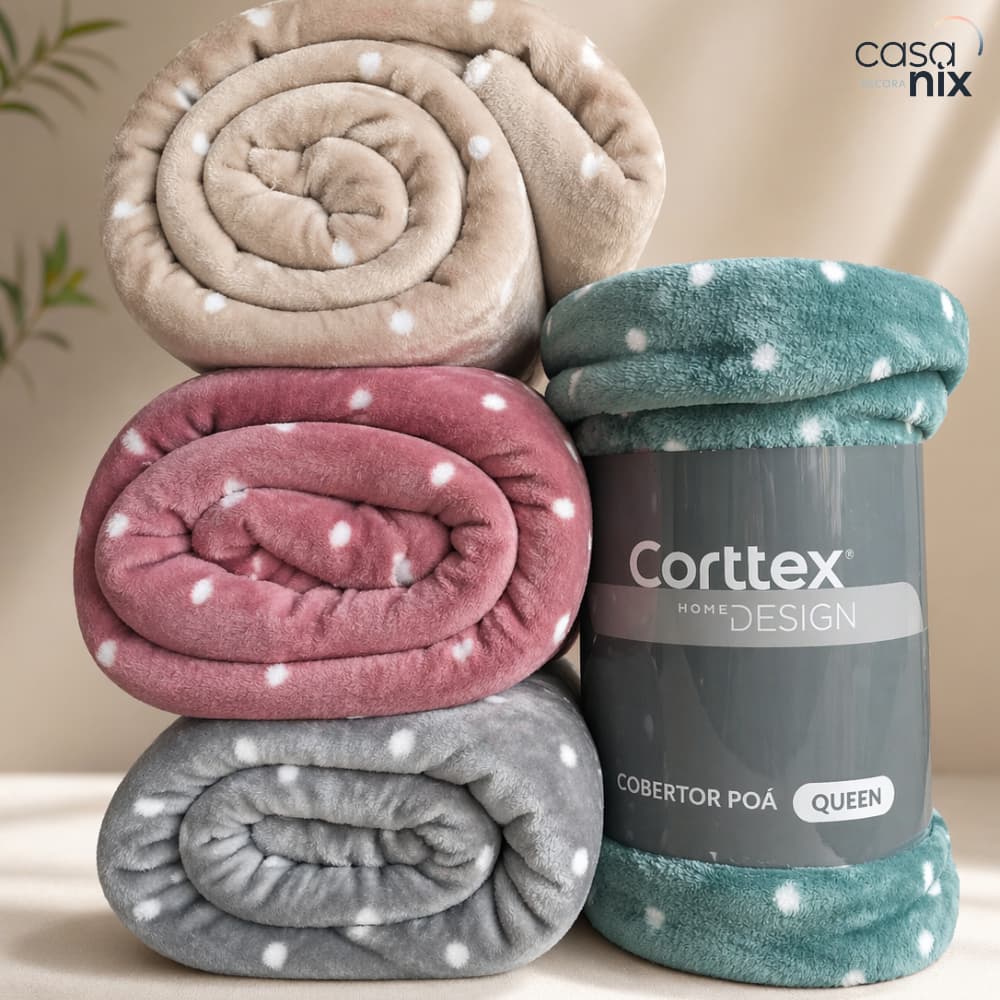 Cobertores Corttex Queen Microfibra Flannel Poá Toque de Seda Antialérgico Ultra Soft em cores rosa, cinza, verde e bege com padrão de bolinhas brancas