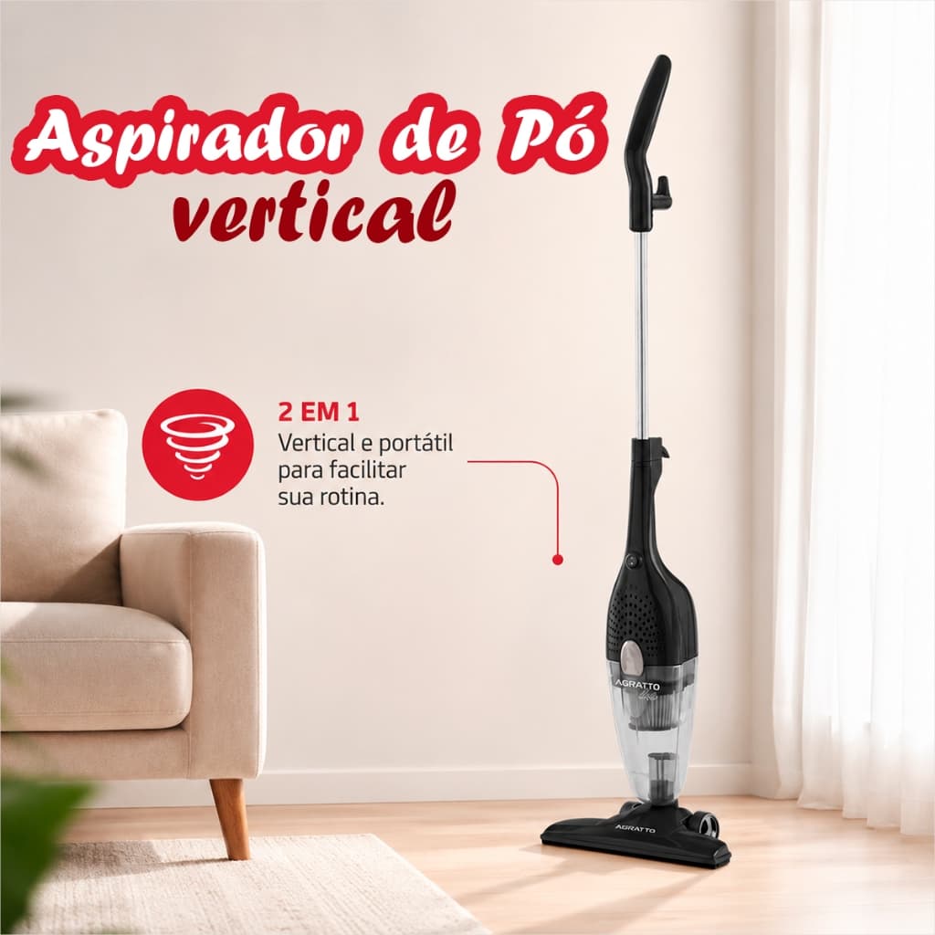 Aspirador de pó vertical preto e prata, 2 em 1, portátil, para limpeza de interiores.