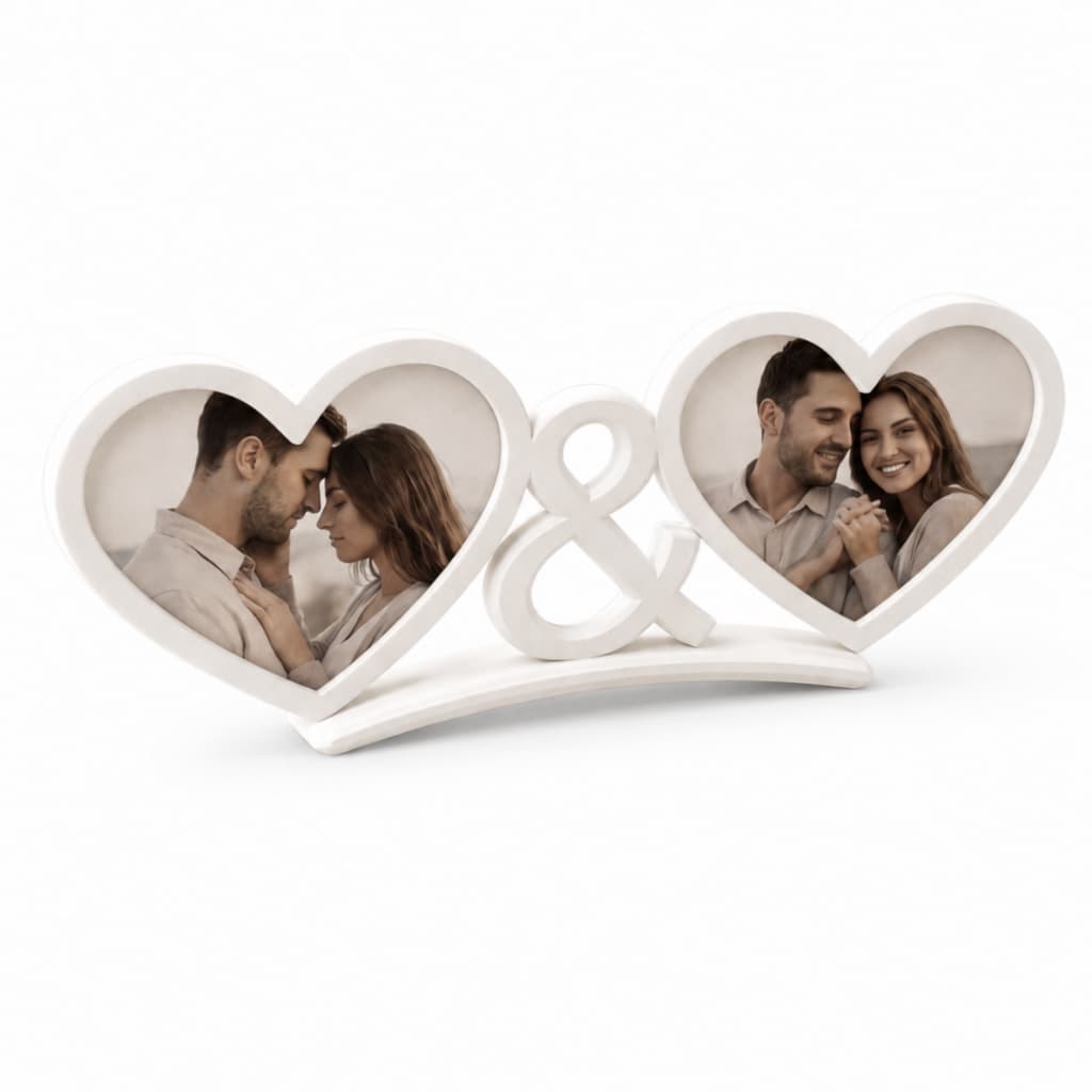 Porta-retrato Casal Corações Duplos Branco 3D com foto de casal