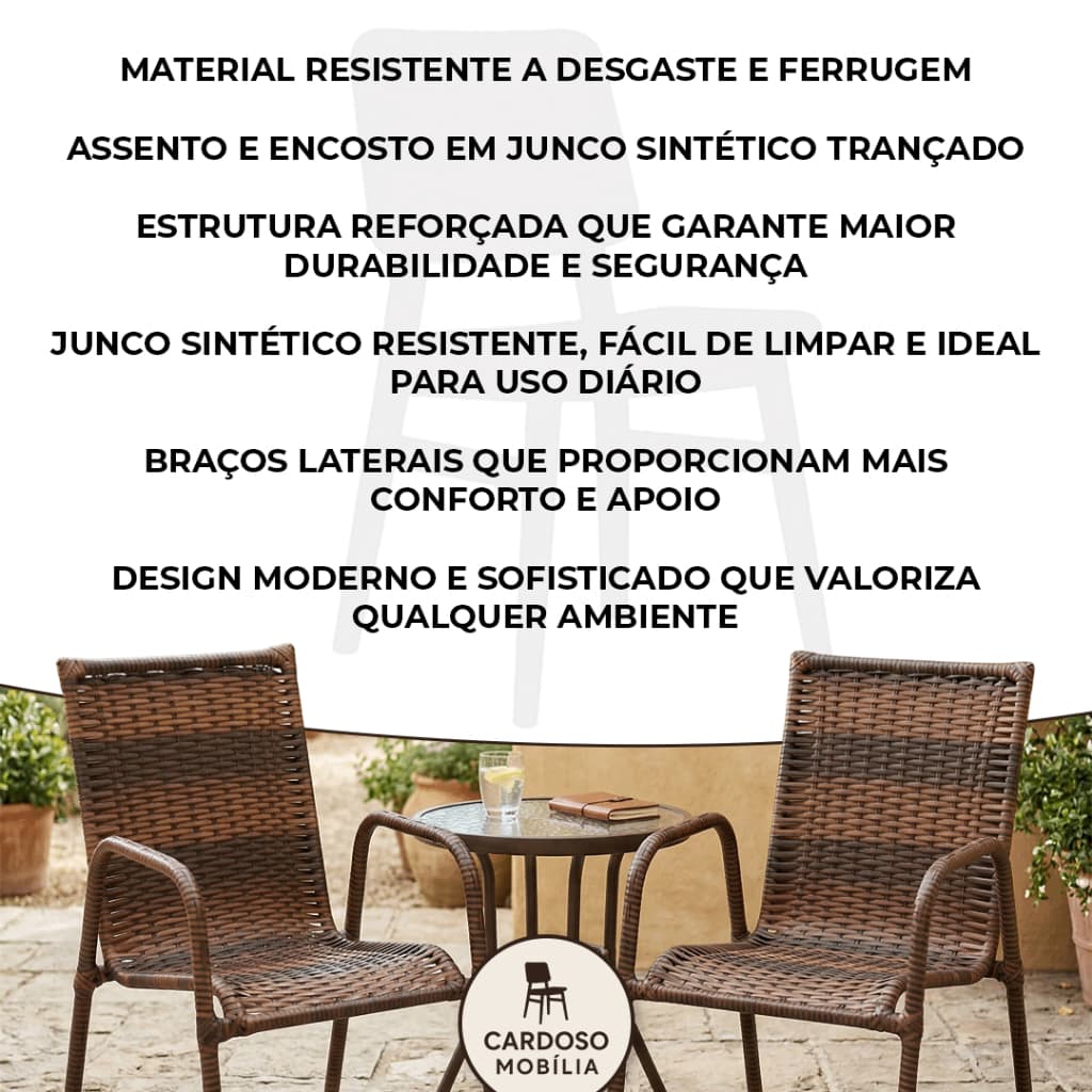 Kit 2 Cadeiras Varanda Área Externa Junco Sintético Amêndoa Aço Reforçado 130kg Com Braços Jardim Sacada Área Gourmet