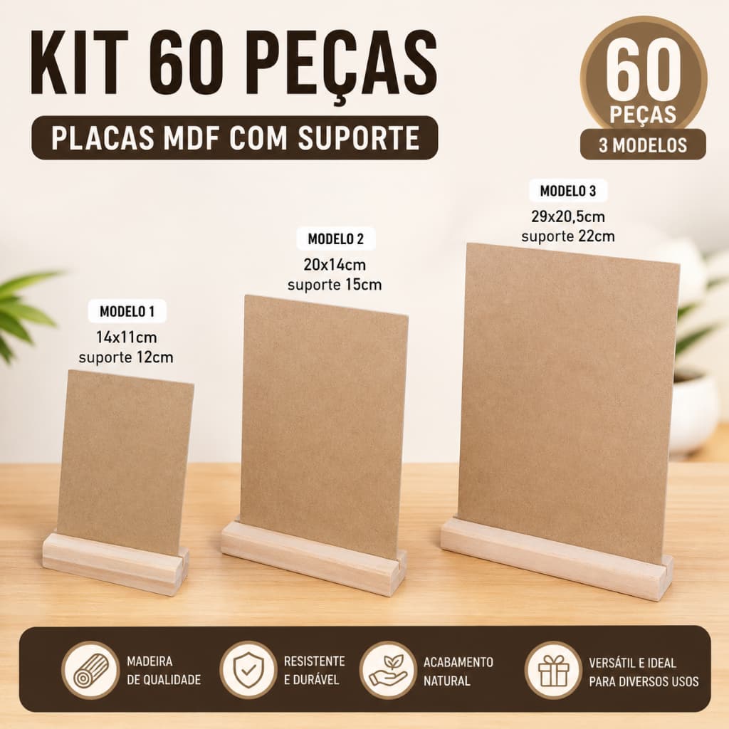 Kit 60 placas MDF com suporte de madeira pinus, três modelos, dimensões e vantagens