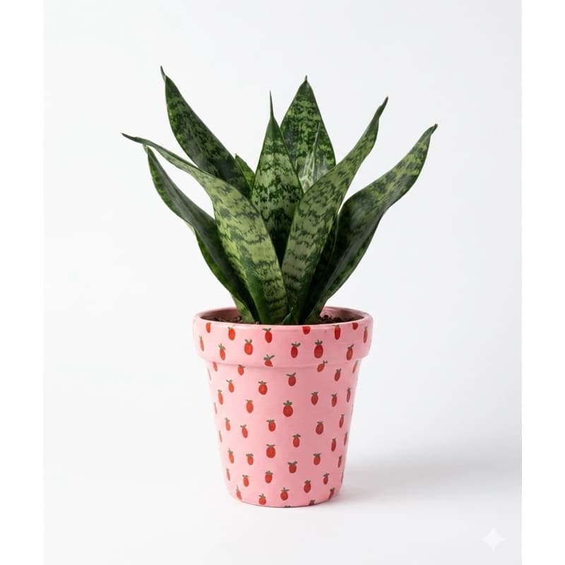 Vaso cachepô de cerâmica pintado à mão com padrão de frutas vermelhas, fundo rosa, para decoração de sala