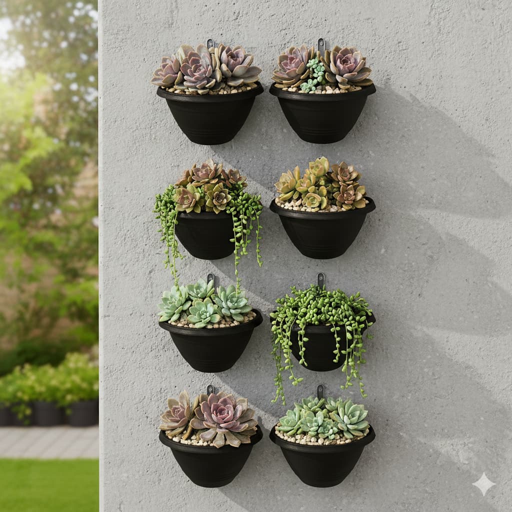 Kit de vasos suspensos pretos para parede com plantas suculentas e cactos