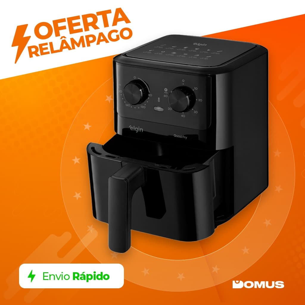 Fritadeira sem óleo Elgin Quad Fry 4,2L 1400W preta com compartimento aberto, fundo laranja com oferta relâmpago