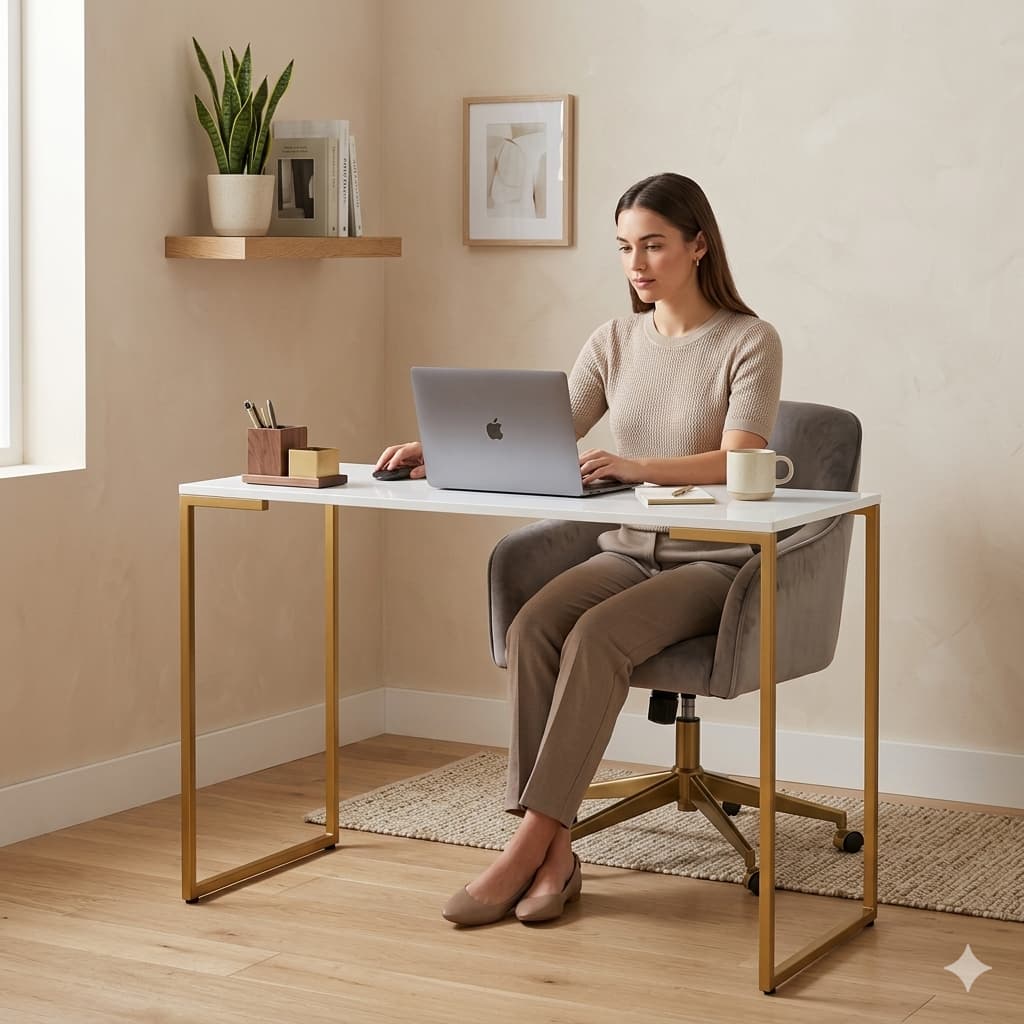 Mesa de Escritório Escrivaninha MDF 120cm Base Metálica Dourada Compacta Sofisticada Moderno Trabalho
