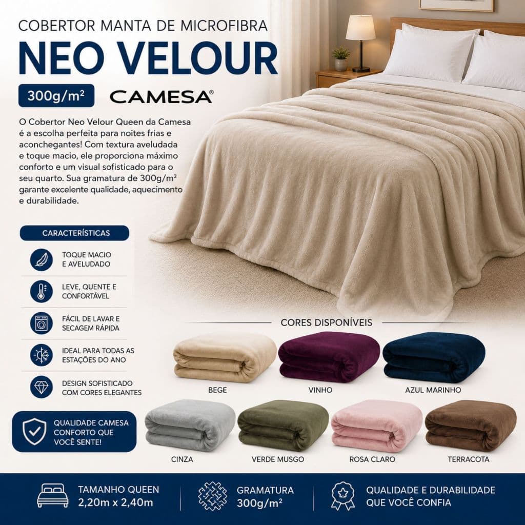Cobertor Manta de Microfibra Neo Velour Camesa 300g/m² Queen 2,20x2,40m - Bege
