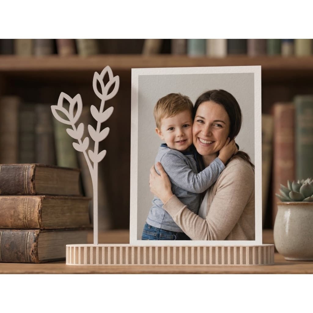 Porta retrato minimalista com foto de mãe e filho, decoração de folhas brancas, base estriada, sobre livros e planta em vaso.