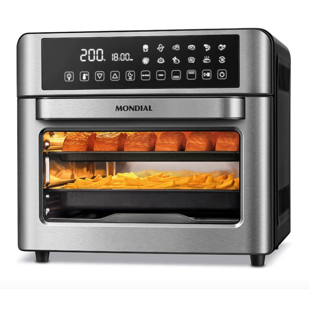 Fritadeira Air Fryer Forno Oven Digital 25L Mondial Preto/Inox 2000W - AFO-25L-BI com alimentos sendo preparados