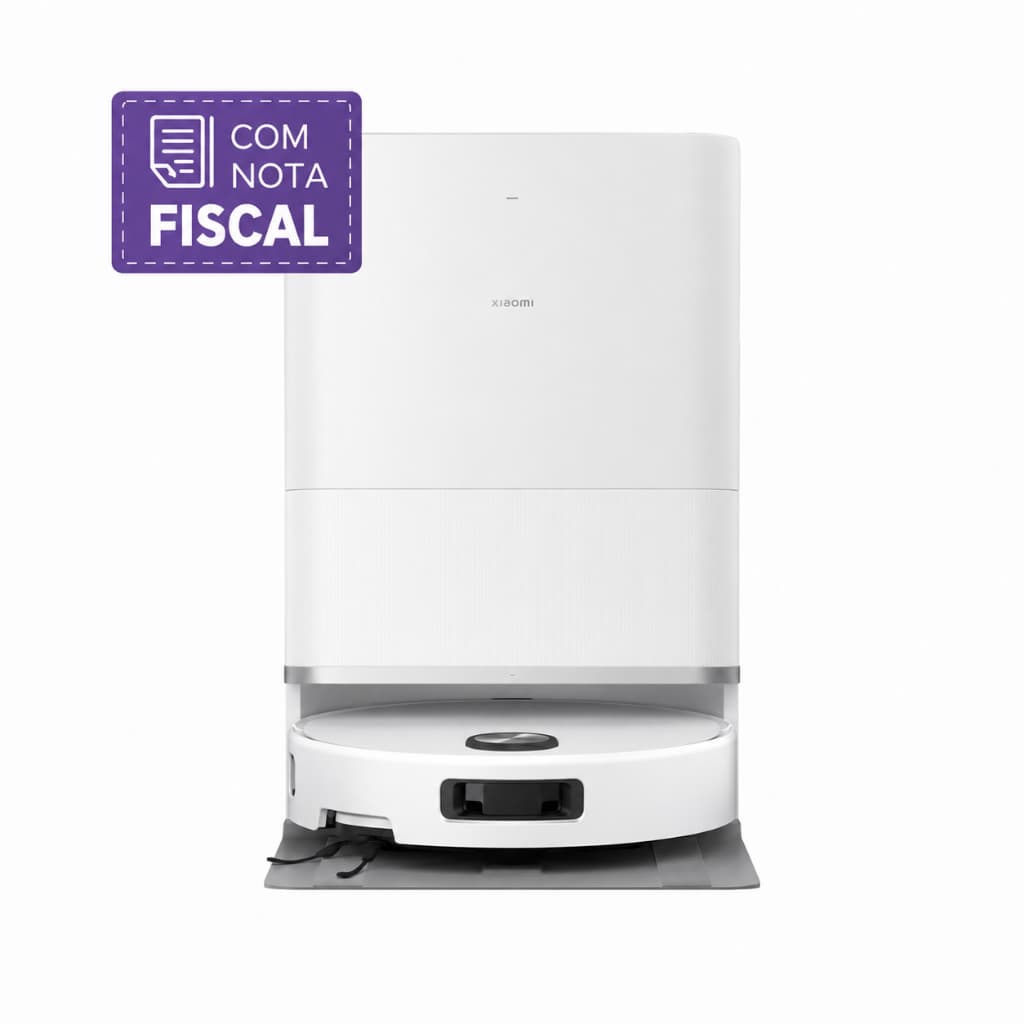 Robô aspirador branco com base autolimpante, em pé contra fundo branco