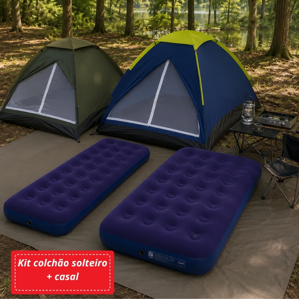 Kit colchão inflável casal e solteiro para camping ao ar livre com barracas e mesa
