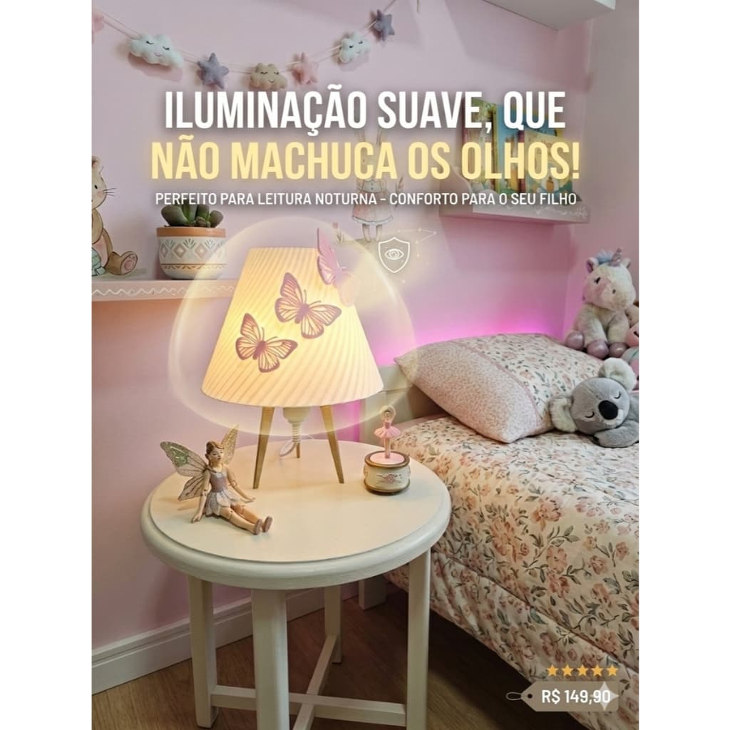 Lâmpada decorativa infantil com LED, tema de borboleta, quarto rosa, iluminação suave.