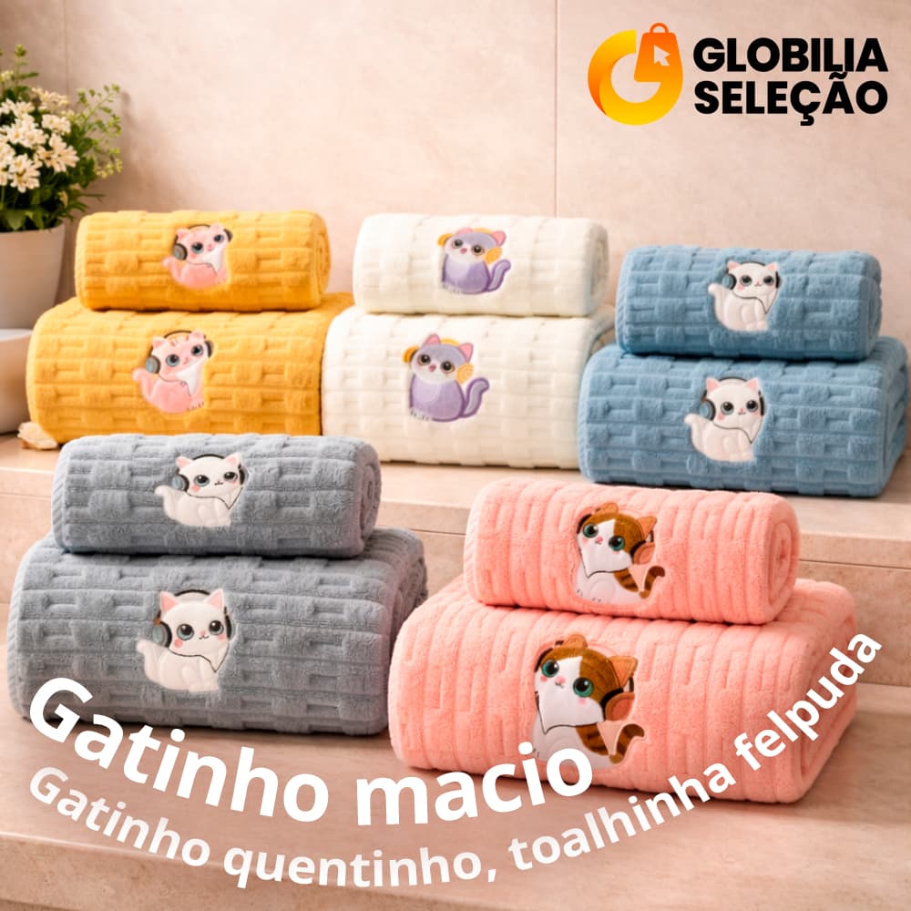 Kit de 2 toalhas de banho e rosto grandes com estampa de gatos, cores amarela, branca, cinza e rosa