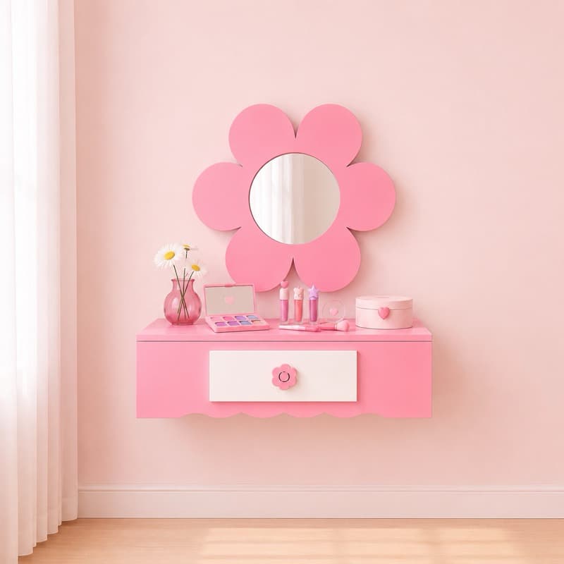 Penteadeira infantil rosa com espelho em forma de flor e itens de maquiagem
