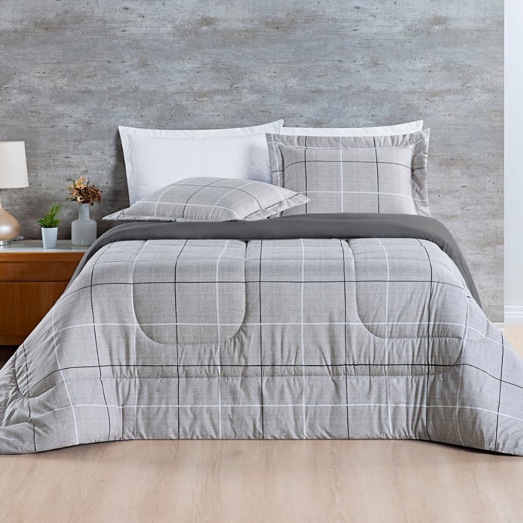 Edredom cinza e branco com estampa xadrez, conjunto de cama com travesseiros