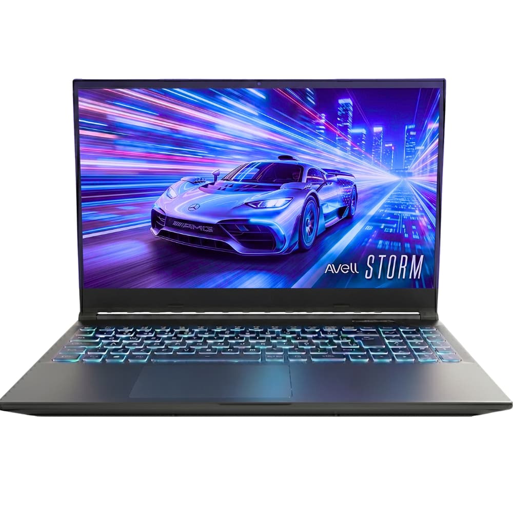Notebook gamer Avell Storm com teclado RGB, tela de carro esportivo e texto Avell STORM