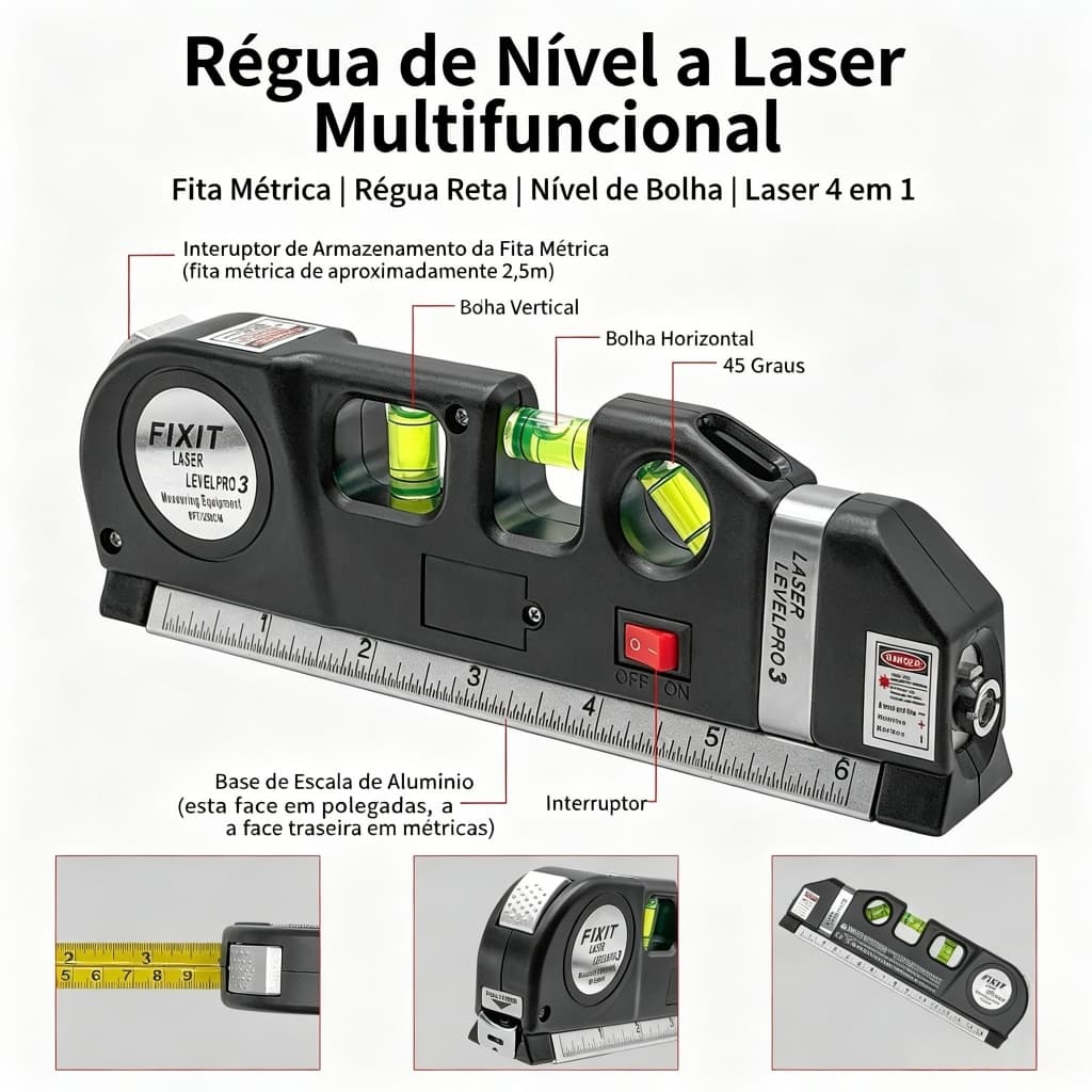 Nível laser profissional FIXIT com três estágios e três linhas laser, régua de 2,5m e 6 polegadas