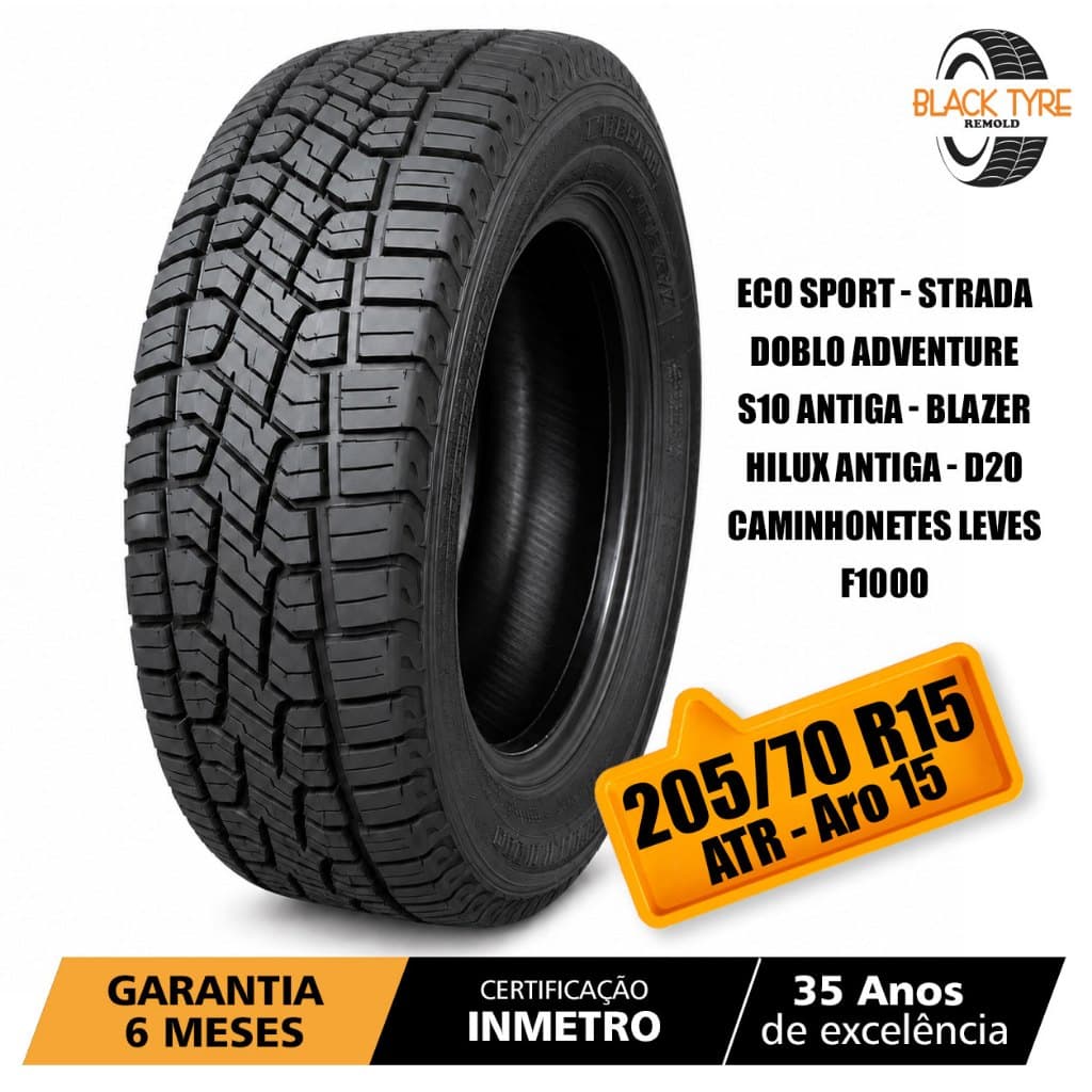 Pneu Remold Black Tyre 205/70 R15 ATR Aro 15 banda mais robusta excelente para carros maiores
