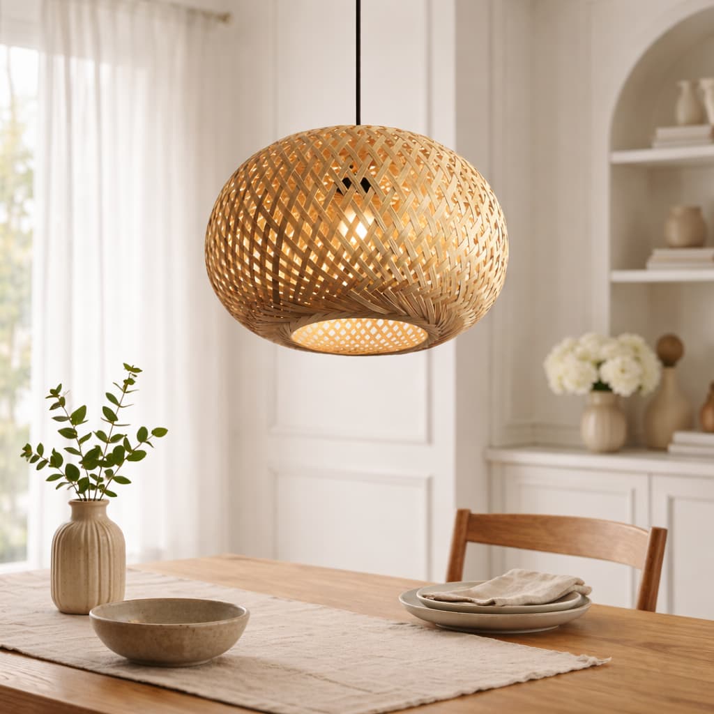 Luminária pendente redonda de bambu com design de palha para teto, iluminando uma mesa de jantar.