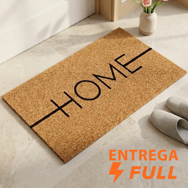 Tapete de entrada bege com texto 'HOME' em preto, 40x60cm, antiderrapante e decorativo