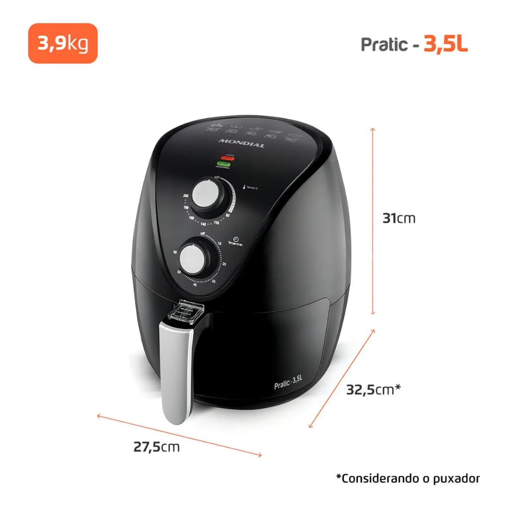 Fritadeira sem óleo Mondial AF-31PRETO 3,5L 1500W preta com dimensões e peso destacados