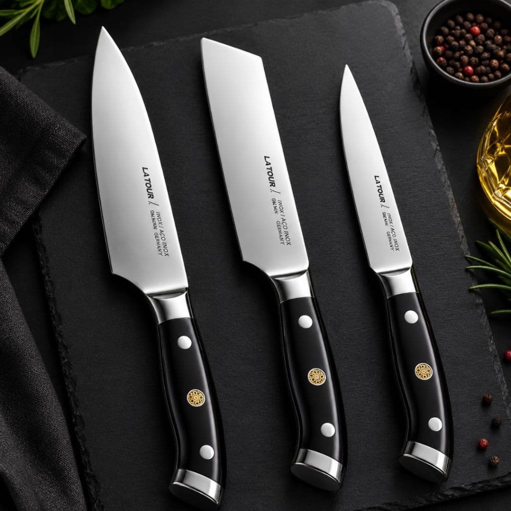 Jogo de facas La Tour com cabo rígido, Nakiri, Santoku e Utility, sobre fundo preto
