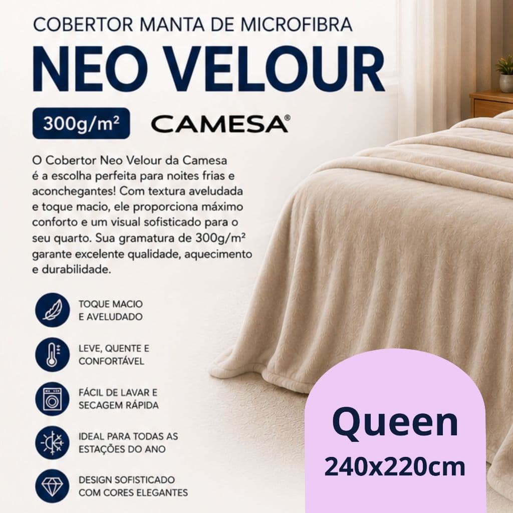 Cobertor Manta de Microfibra Neo Velour da Camesa, queen size, 300g/m², com toque aveludado e design sofisticado.