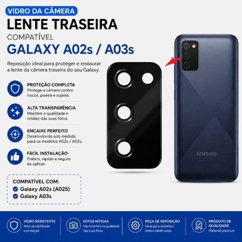 Vidro da Camera Para Samsung Galaxy A02s A025 Lente da Câmera Traseira Vidrinho Traseiro Galaxy A03s / galaxy A02s