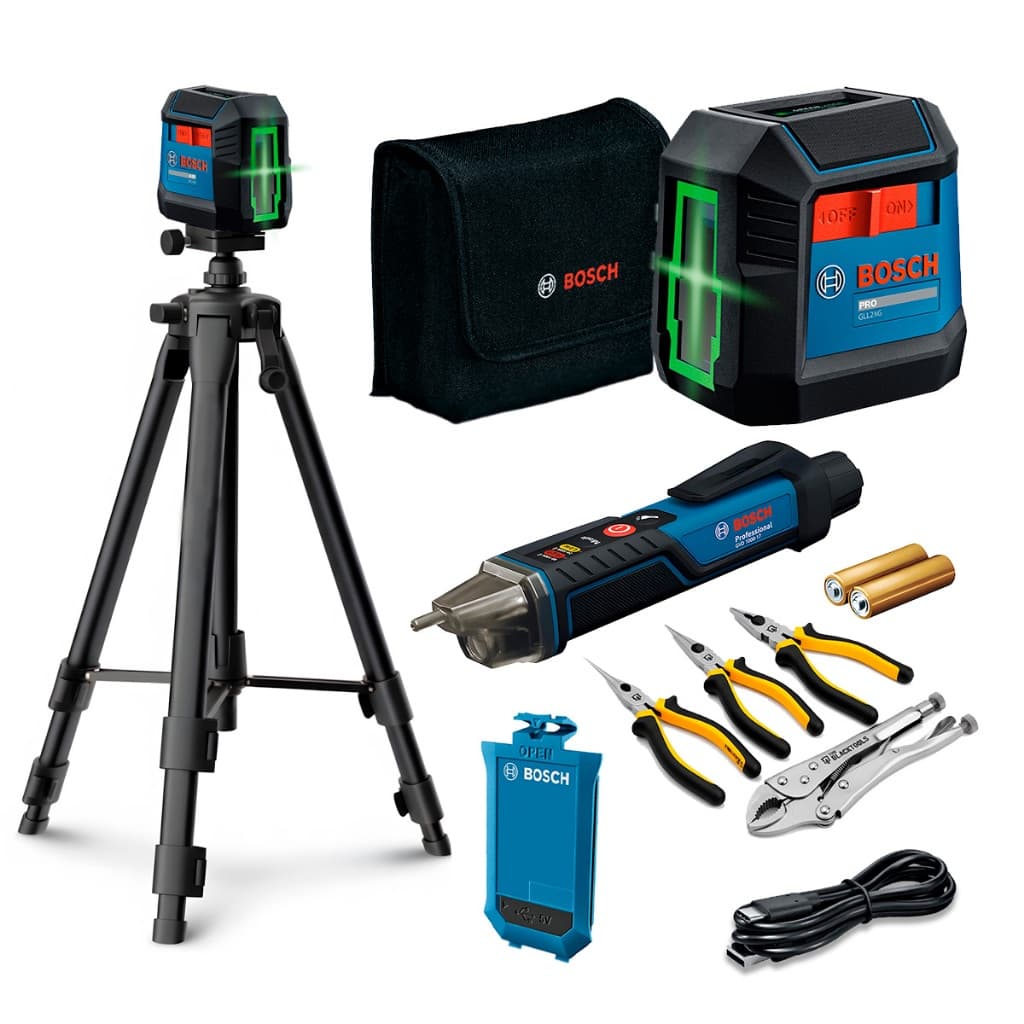 Kit de ferramentas Bosch com nível a laser verde cruzado, detector de tensão e acessórios