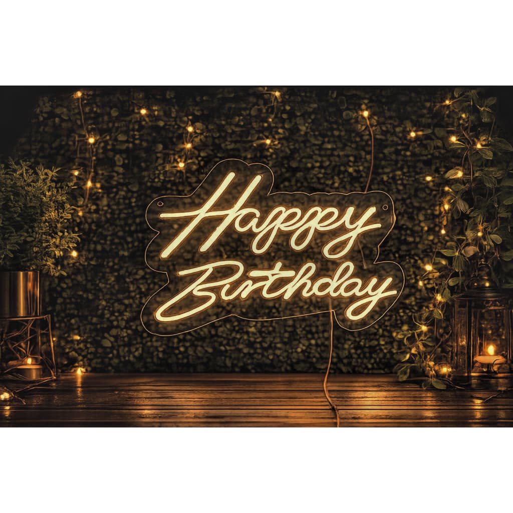 Placa de LED neon 'Happy Birthday' decoração festa luminária em neon amarela