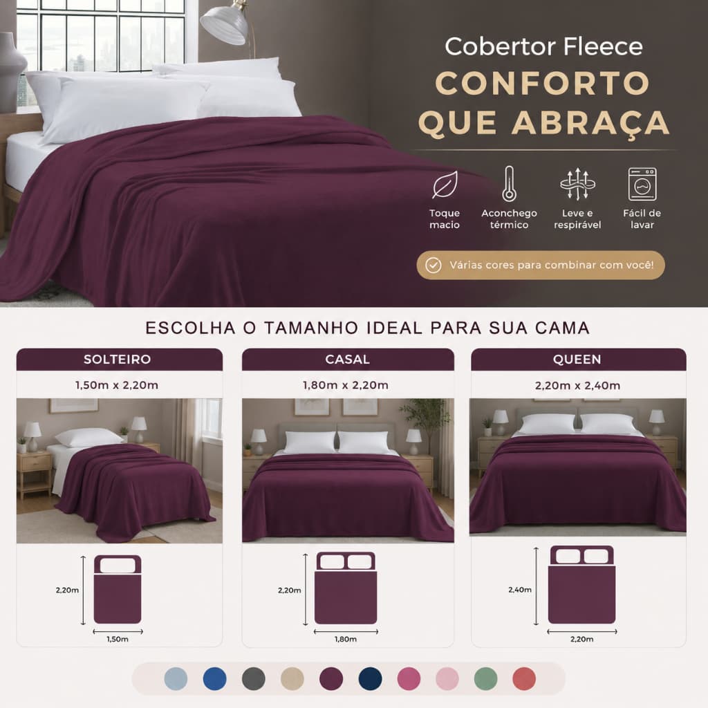 Cobertor fleece marrom para cama solteiro, casal e queen, com informações sobre toque e durabilidade