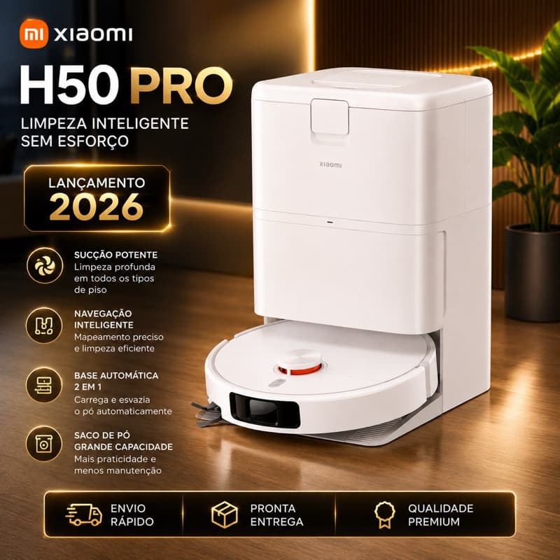 Aspirador de pó robô Xiaomi H50 Pro, lançamento 2026, limpeza inteligente, navegação precisa, base automática, saco de pó grande capacidade