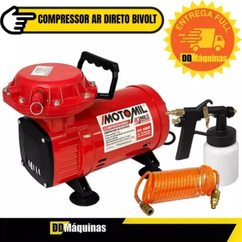Compressor de ar direto bivolt 2,3 pés com pistola e mangueira da Motomil, vermelho e preto