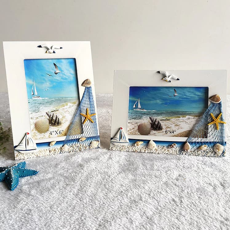 Porta-retratos náuticos rústicos com conchas e rede de pesca, dimensões 4'x6' e 6'x4', decoração praia e mar