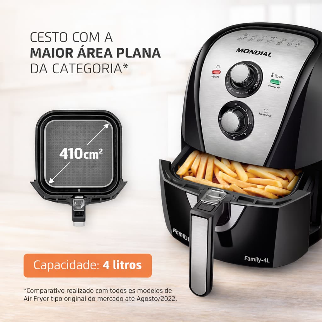 Fritadeira sem óleo Mondial Family-4L capacidade 4 litros com área plana maior