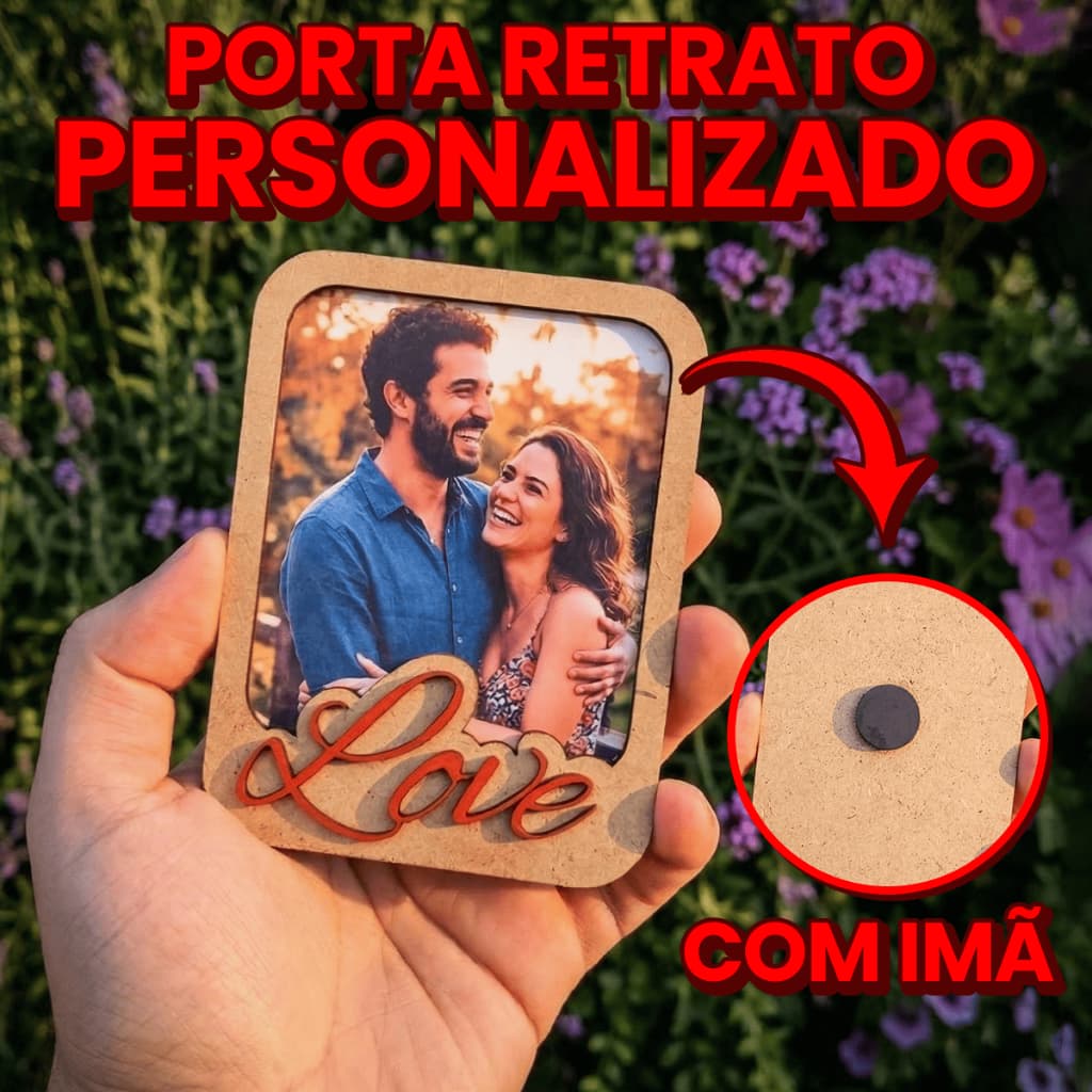Porta Retrato Magnético Love com Foto Personalizada de Casal - Imã para Geladeira