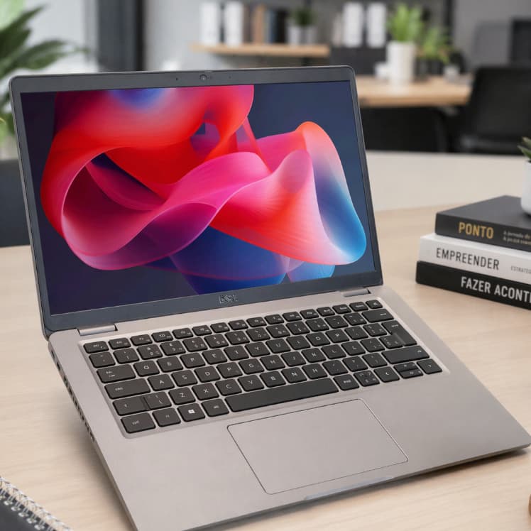 Notebook Dell Latitude 5420 cinza metálico aberto em mesa com livros e plantas