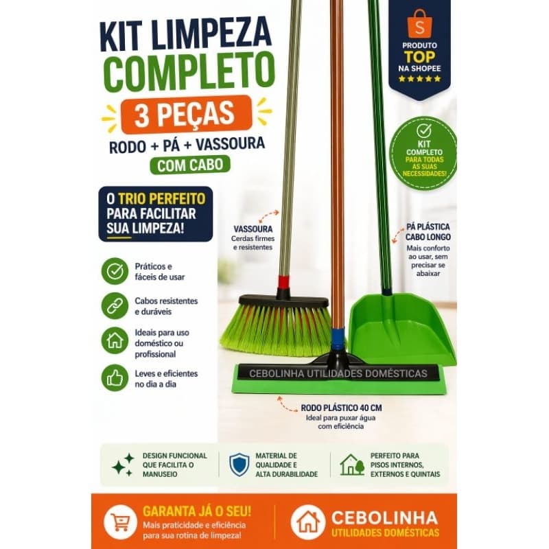 Kit Vassoura Rodo e Pá Completo com cabo para limpeza